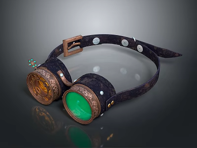 Steampunk Weapon Goggles Featuring Leather Strap Brass Buckle And Colored Lenses 3d model