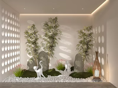 Garden Ornament Display With Bamboo Plants Stone Decor White Cat Statues Lantern Pebbles And Moss 3d model