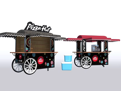 Pizza Hut Commercial Mobile Food Carts With Canopy Wheels And Blue Containers 3d model