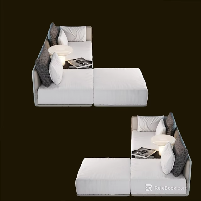 Modern White L Shaped Sectional Sofa With Gray Pillows Side Table And Magazines 3d model