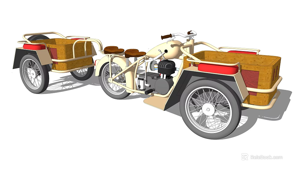 Cream Colored Sidecar Motorcycle With Wooden Sidecar And Brown Seats 3d model 