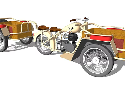 Cream Colored Sidecar Motorcycle With Wooden Sidecar And Brown Seats 3d model