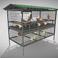 Multi Level Chicken Cage With Green Metal Roof And Various Chickens Chicks