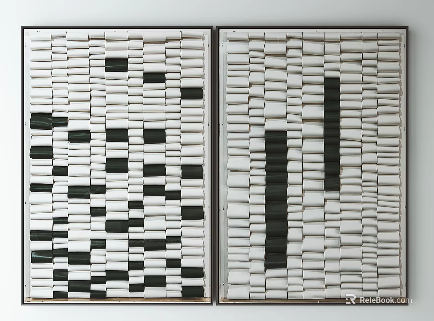 Modern Abstract Wall Art With Black And White Striped Patterns In Two Panels 3d model