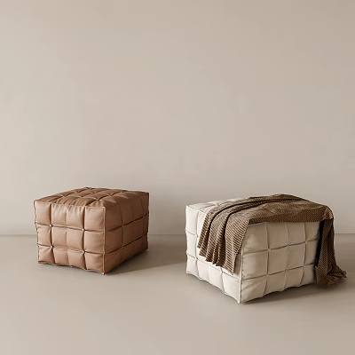 Modern Tufted Square Ottomans in Brown and Off-White with a Brown Blanket 3d model