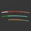 Japanese Samurai Swords With Red Scabbards Yellow Hilts And Decorative Patterns