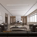 Modern Office Interior With Leather Sofas Coffee Table Bookshelves And Large Windows 3d model
