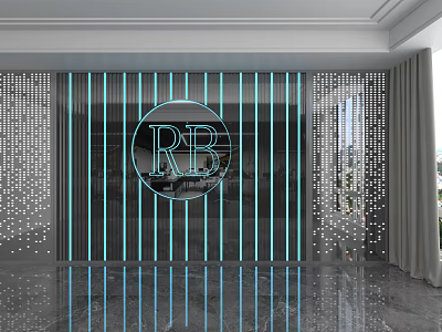 Modern Decorative Wall Design With Vertical Blue Light Strips Circular RB Logo And Perforated Patterns 3d model
