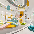 Colorful Kindergarten Indoor Play Space With Slide Circular Pool And Toy House Structures