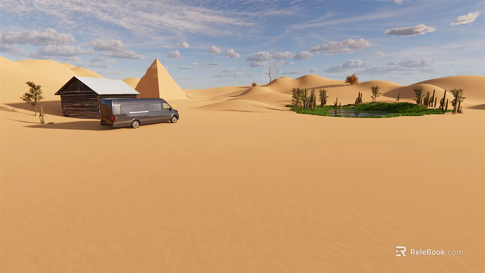 Scenic Desert Landscape With Sand Dunes Pyramids Wooden Cabin Van Oasis And Blue Sky 3d model 
