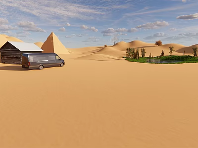 Scenic Desert Landscape With Sand Dunes Pyramids Wooden Cabin Van Oasis And Blue Sky 3d model