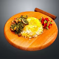 Fragrant Yellow Rice with Curry Chicken Green Sauce Red Peppers and Lemon on Wooden Platter