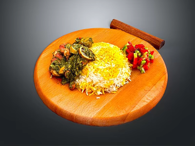 Fragrant Yellow Rice with Curry Chicken Green Sauce Red Peppers and Lemon on Wooden Platter 3d model
