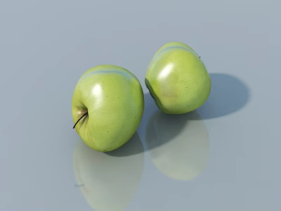 Two Shiny Green Apples Fresh Ripe Fruits on Smooth Gray Surface 3d model