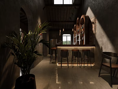 Rustic Industrial Bar Interior With Brick Walls Wooden Counter And Pendant Lights 3d model