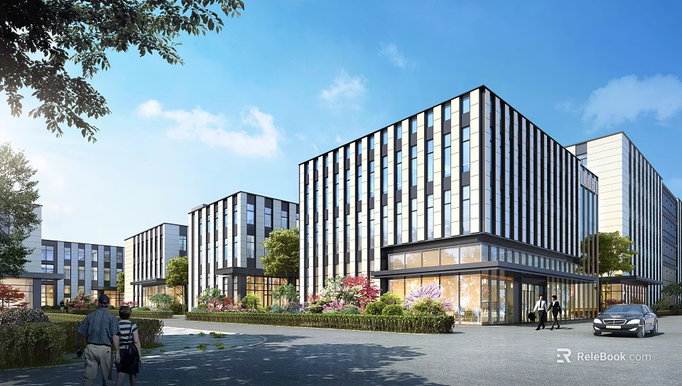 Modern Office Complex Exterior With Glass Facade And Landscaped Surroundings 3d model 