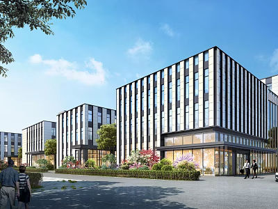 Modern Office Complex Exterior With Glass Facade And Landscaped Surroundings 3d model