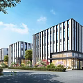 Modern Office Complex Exterior With Glass Facade And Landscaped Surroundings