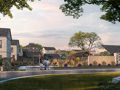 Traditional Building Exterior Walls Featuring Tile Roofs And Landscaped Greenery In Pedestrian Space 3d model