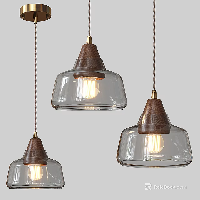 Modern Glass Pendant Lights With Wooden Tops Brass Fixtures And Lit Bulbs 3d model 