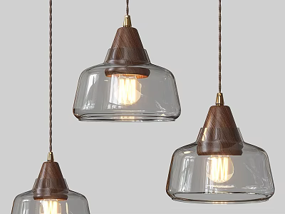 Modern Glass Pendant Lights With Wooden Tops Brass Fixtures And Lit Bulbs 3d model