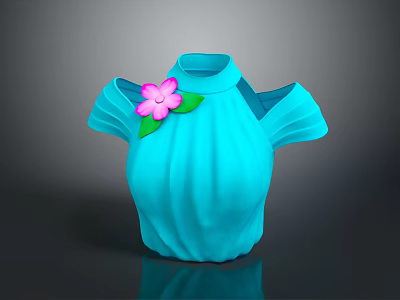 Turquoise Pleated High Neck Cold Shoulder Women's Top With Pink Flower And Green Leaf 3d model