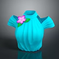 Turquoise Pleated High Neck Cold Shoulder Women's Top With Pink Flower And Green Leaf