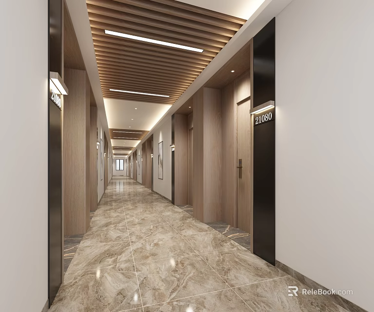 Modern Hotel Corridor With Wooden Ceiling Marble Floor And Recessed Lighting 3d model 