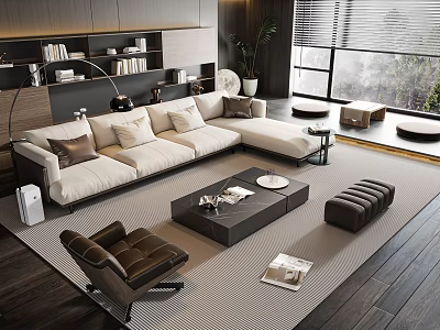 Modern Living Room Beige Sofa And Black Coffee Table Set With Brown Accent Chair 3d model