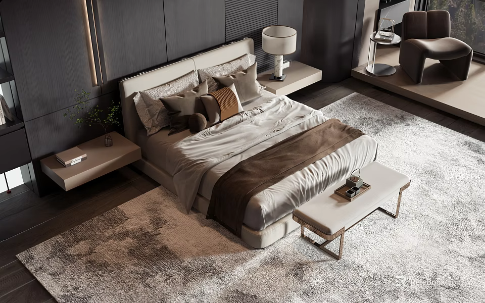 Modern Double Bed Interior Design With Nightstand Table Lamp Pillows Bench And Rug 3d model 