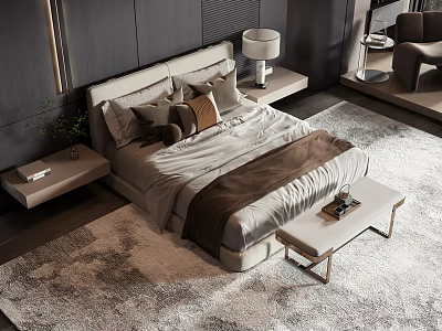 Modern Double Bed Interior Design With Nightstand Table Lamp Pillows Bench And Rug 3d model