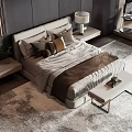 Modern Double Bed Interior Design With Nightstand Table Lamp Pillows Bench And Rug 3d model