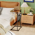 Double Bed with Wooden Headboard White Gray Pillows Side Table Laptop and Wooden Nightstand