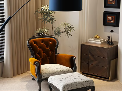 Orange Tufted Velvet Leisure Chair With Ottoman Floor Lamp And Wooden Cabinet Decor 3d model