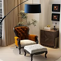 Orange Tufted Velvet Leisure Chair With Ottoman Floor Lamp And Wooden Cabinet Decor