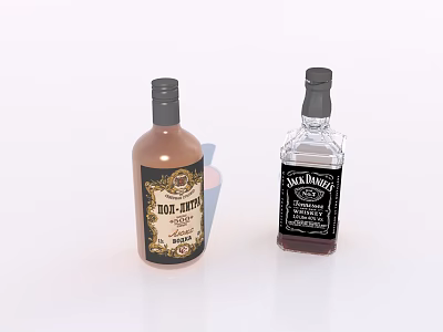 Bourbon and Jack Daniel's Whiskey Bottles with Golden Label Transparent Design and Dark Liquid 3d model