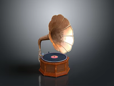 Vintage Electronic Gramophone With Brass Horn Wooden Base And Vinyl Record 3d model