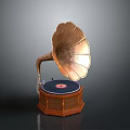 Vintage Electronic Gramophone With Brass Horn Wooden Base And Vinyl Record