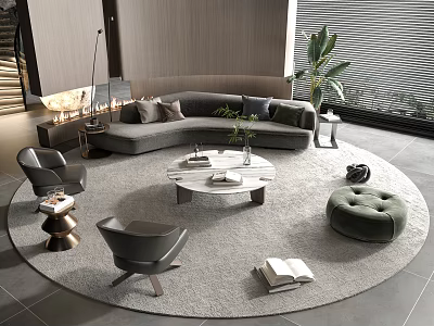 Modern Living Room with Gray Sofa Coffee Table Set Accent Chairs Green Ottoman Round Rug 3d model