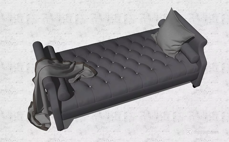 Gray Tufted Ottoman With Decorative Buttons Gray Pillow And Draped Blanket On Armrest 3d model 
