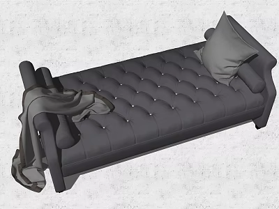 Gray Tufted Ottoman With Decorative Buttons Gray Pillow And Draped Blanket On Armrest 3d model