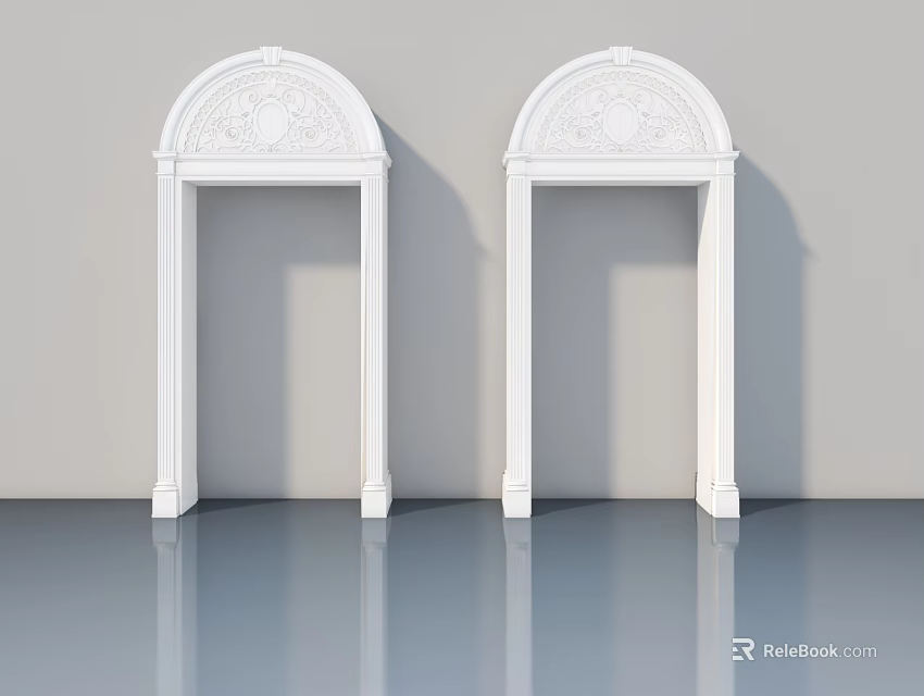 White Swing Door Frames Featuring Arched Top And Carved Details In Interior Design 3d model 