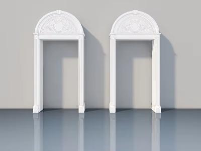 White Swing Door Frames Featuring Arched Top And Carved Details In Interior Design 3d model