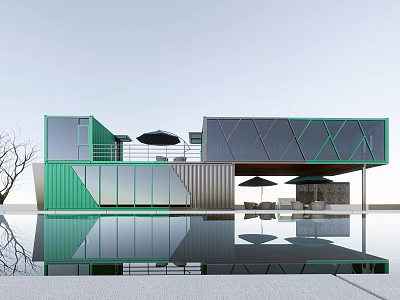 Modern Container Building With Glass Walls Green Design Pool Reflection And Outdoor Umbrellas 3d model