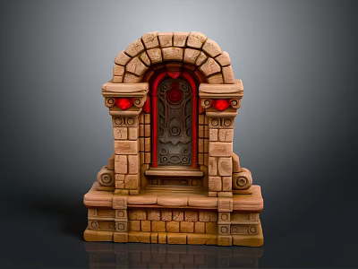 Brick Arched Architectural Structure with Red Decorative Orbs and Central Panel on Detailed Stone Pedestal 3d model
