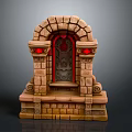 Brick Arched Architectural Structure with Red Decorative Orbs and Central Panel on Detailed Stone Pedestal