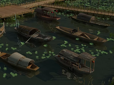 Traditional Sailboats Moored On Water With Lotus Leaves Near Wooden Bridge 3d model