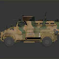 Camouflage Painted Military Vehicle With Armored Body And Roof Mounted Antenna