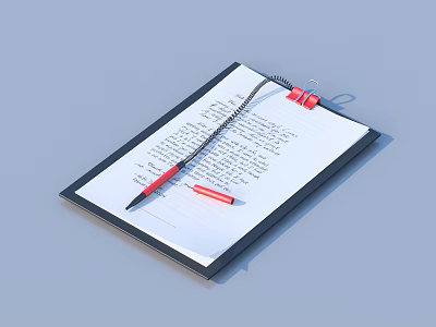 Blank Clipboard With Handwritten Notes And Red Pen On Gray Surface 3d model