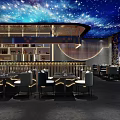 Modern Restaurant Interior With Starry Sky Ceiling Curved Bar Counter Wine Racks And Blue Chairs